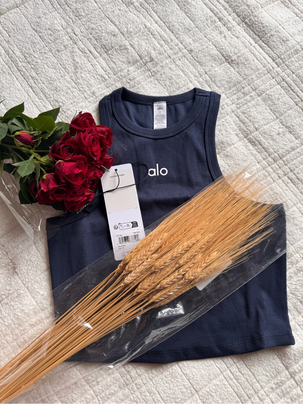 ALO Yoga Women Navy Blue Ribbed Tank Top with White Logo